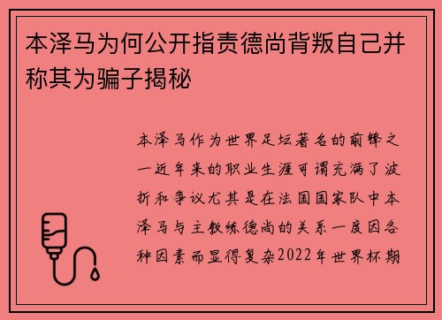 本泽马为何公开指责德尚背叛自己并称其为骗子揭秘