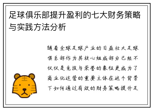 足球俱乐部提升盈利的七大财务策略与实践方法分析